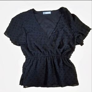 SO Black Swiss Dot Textured Polka Dot V-Neck Peplum Top